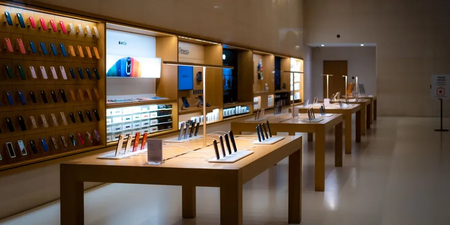 Butik med borde og vægreoler fyldt med udstillede smartphones